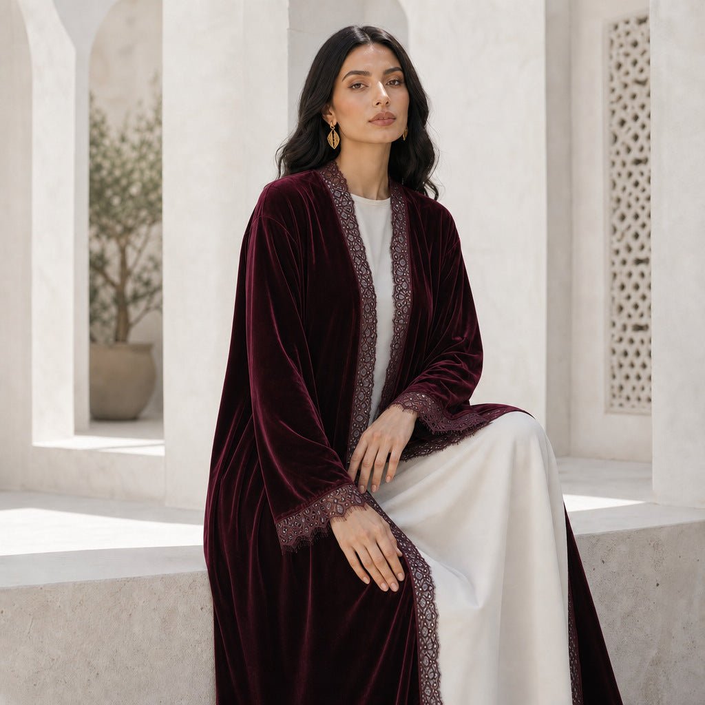 Velvet-Look Lace-Panel Open Abaya – Longline Velvet Abaya