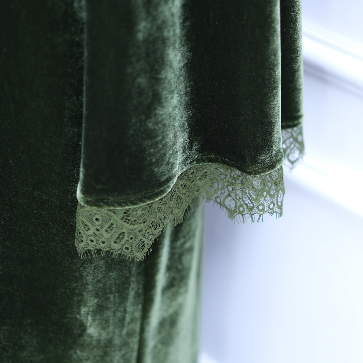 Front open view of lace-panel velvet cardigan abaya in full length