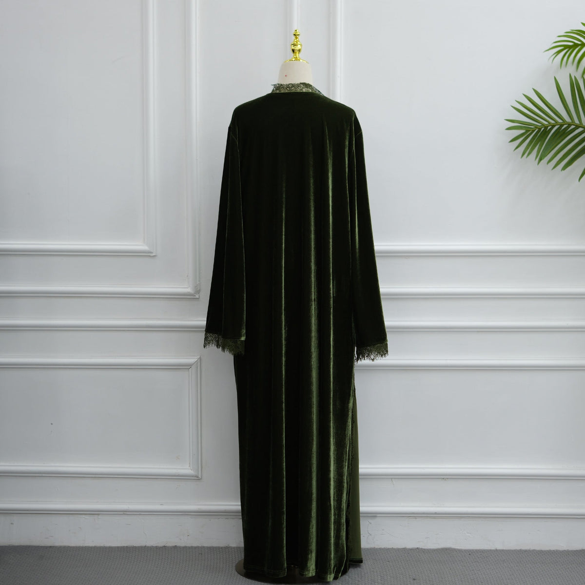 Autumn winter styling of velvet-effect open abaya over coordinated separates