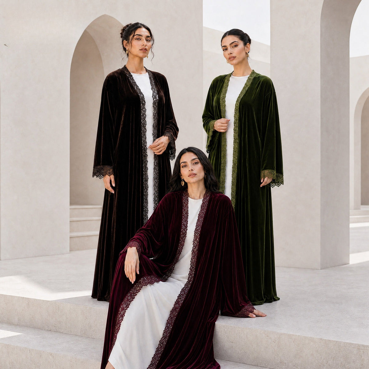 Velvet-Look Lace-Panel Open Abaya – Longline Velvet Abaya