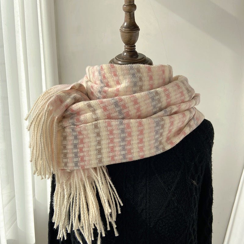 Vibrant Plaid Scarf Faux Wool Warm Shawl with Fringe (MAC334) - Mariam's Collection
