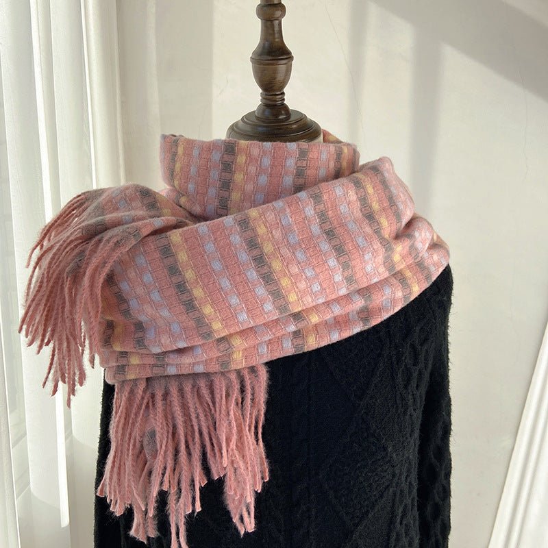 Vibrant Plaid Scarf Faux Wool Warm Shawl with Fringe (MAC334) - Mariam's Collection