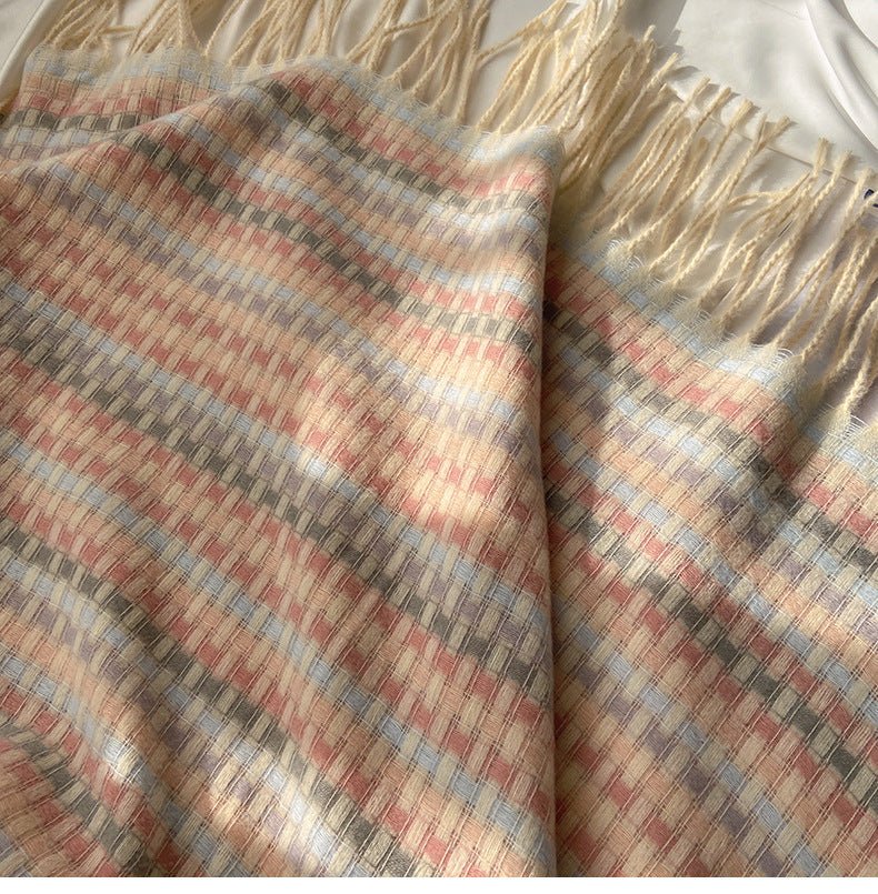 Vibrant Plaid Scarf Faux Wool Warm Shawl with Fringe (MAC334) - Mariam's Collection