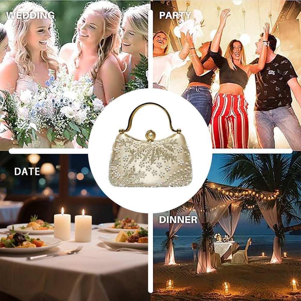 Full view of vintage embroidered pearl evening clutch styled as crossbody bag