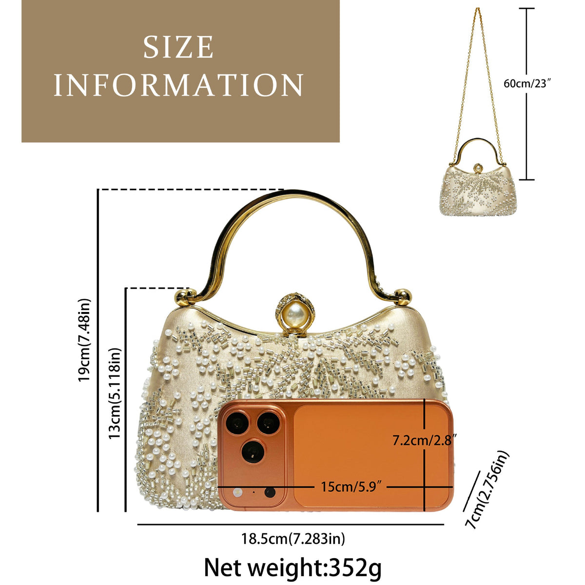 Detachable chain strap on rhinestone embroidered crossbody clutch purse