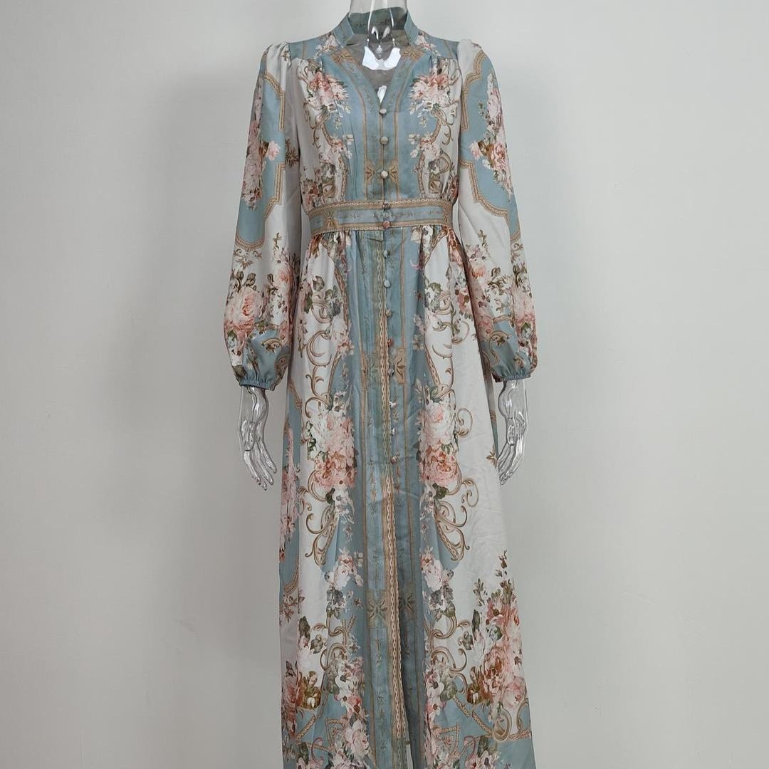 Vintage Floral Maxi Dress | V - Neck Long Sleeve Victorian Style Dress(MA378) - Mariam's Collection
