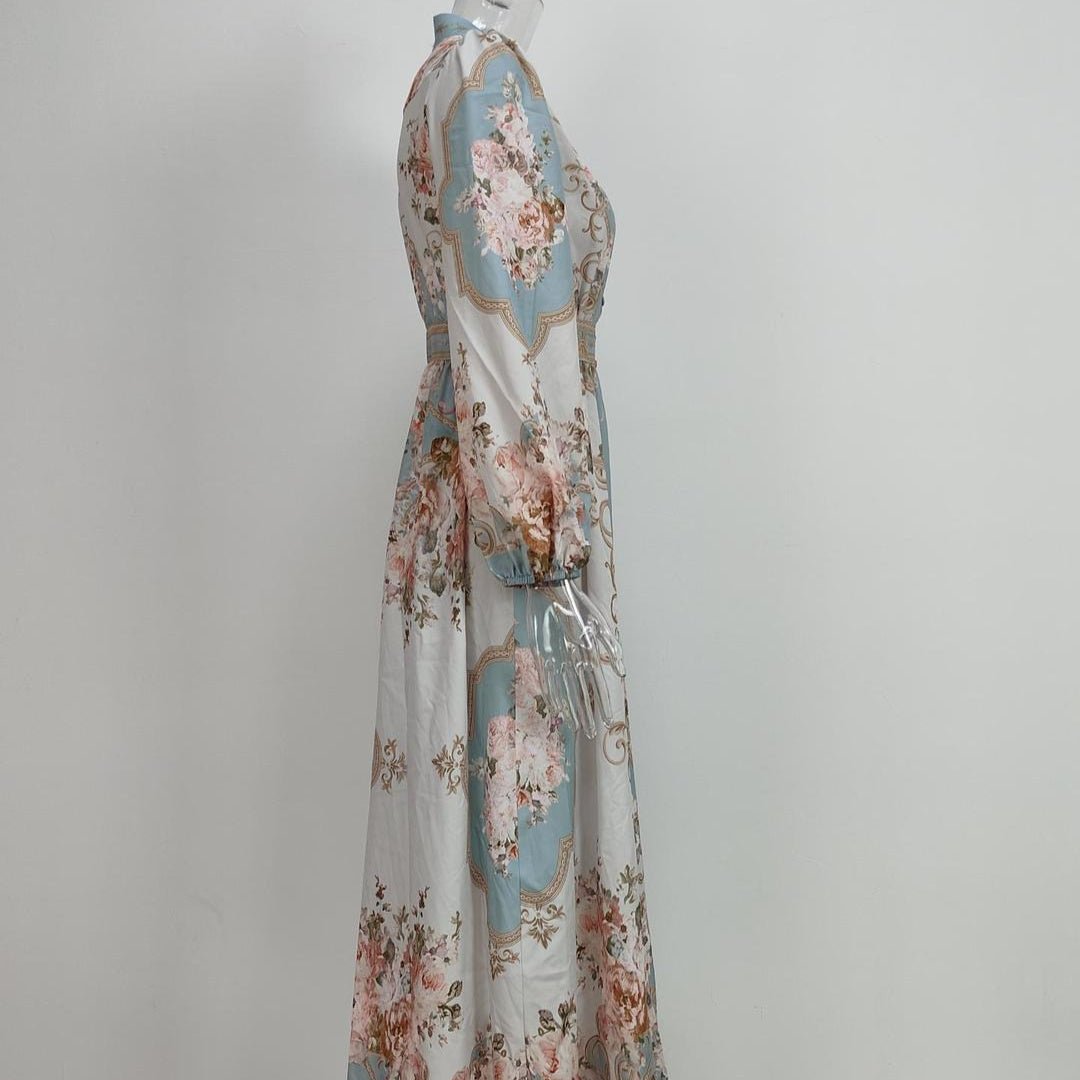 Vintage Floral Maxi Dress | V - Neck Long Sleeve Victorian Style Dress(MA378) - Mariam's Collection