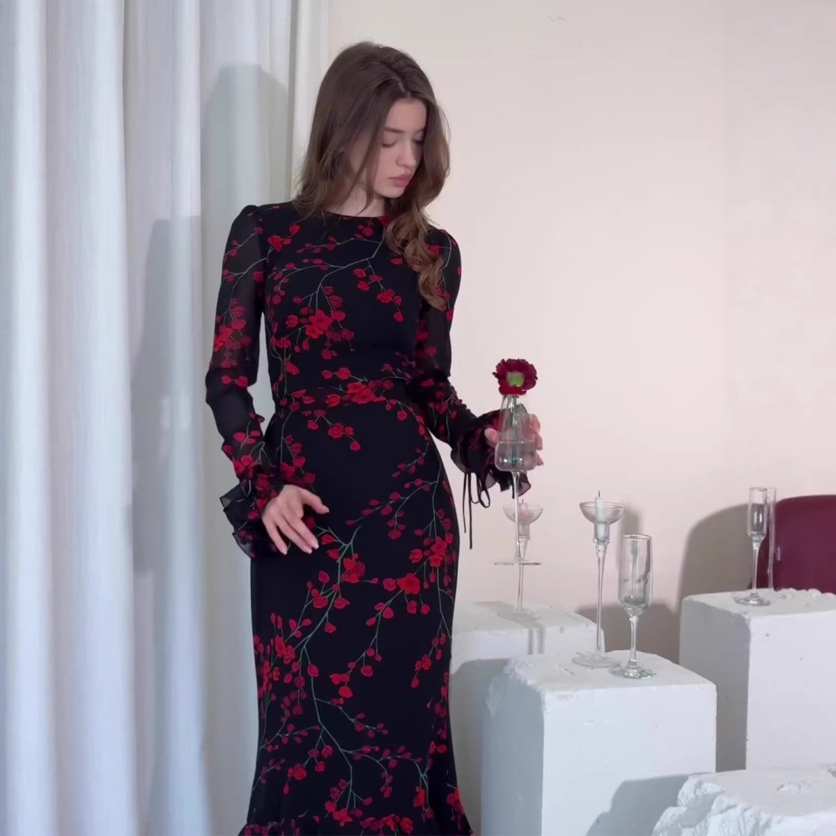 Vintage Floral Print Dress with Ruffle Cuffs(MS338) - Mariam's Collection