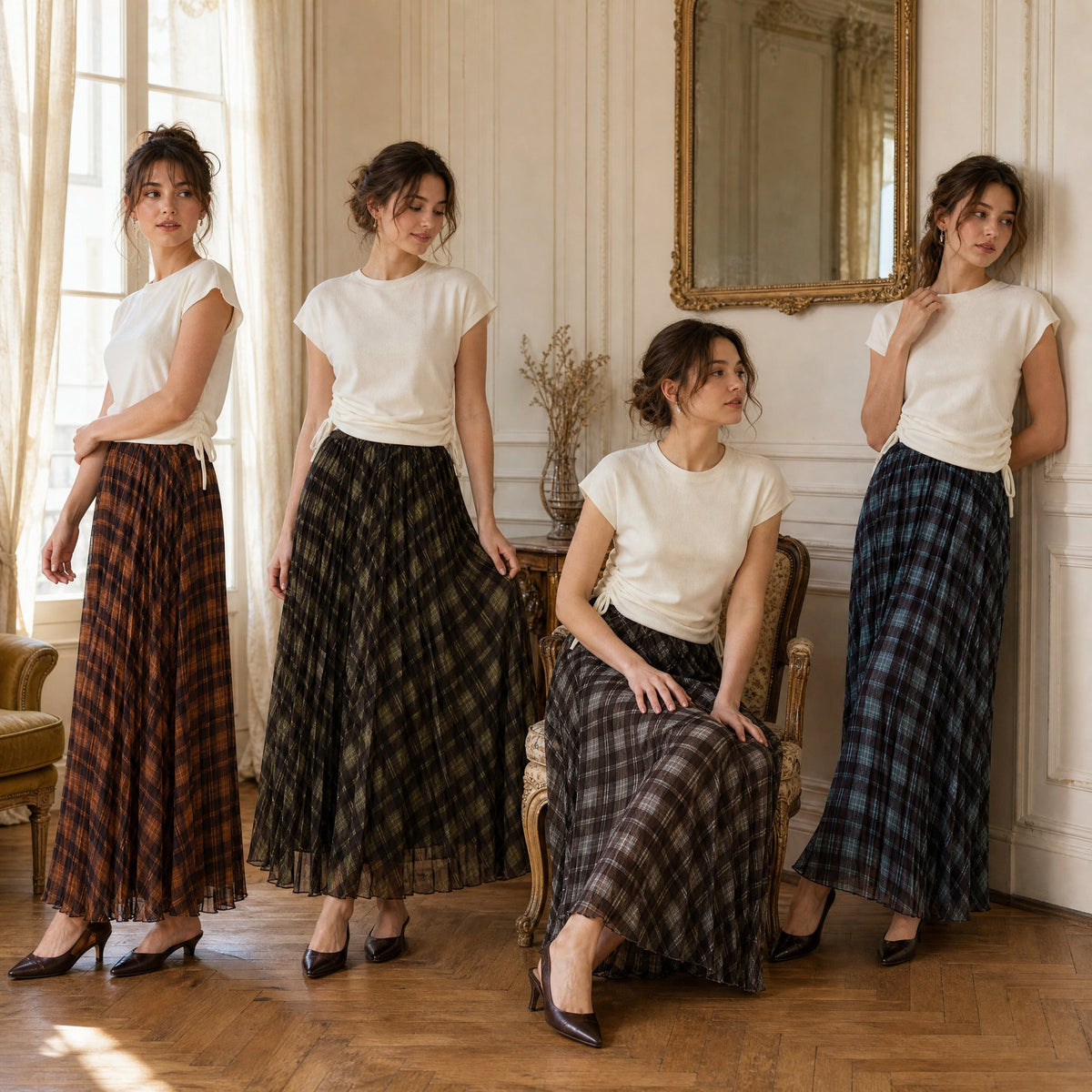 Vintage Plaid Mesh Pleated Maxi Skirt(MS597) - Mariam's Collection