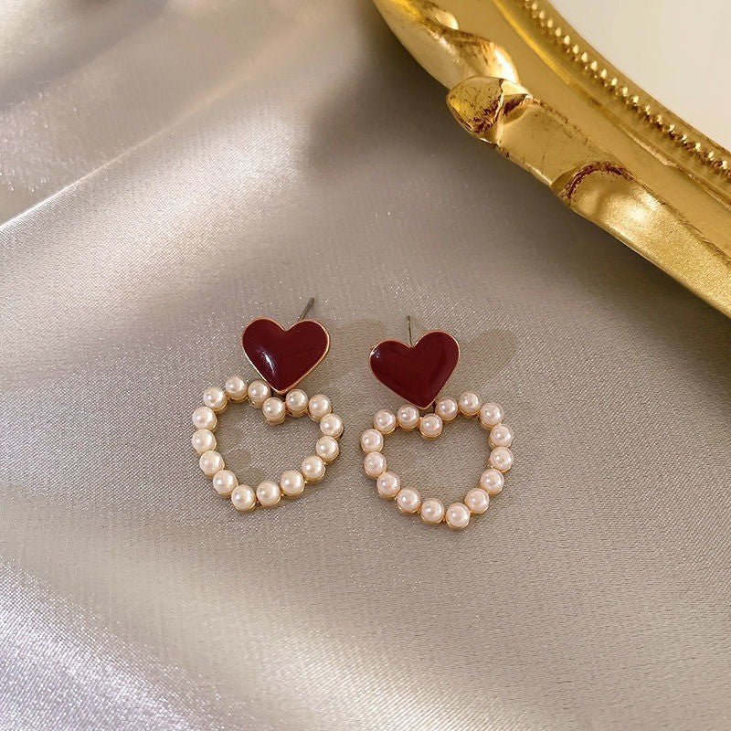 Vintage Wine Red Pearl Stud Earrings（MAC466） - Mariam's Collection