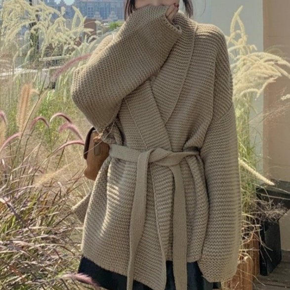 Waffle Knit Robe Cardigan | Belted Oversized Sweater Coat(MS198) - Mariam's Collection