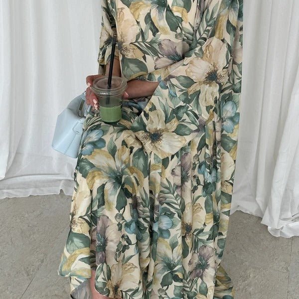 Watercolor Floral Print Abaya Set(MOA257) - Mariam's Collection