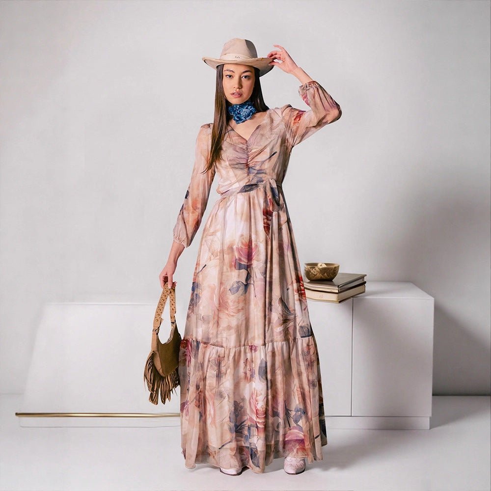 Watercolor Floral V-Neck Maxi Dress — Prairie Inspired Modest Floral Gown