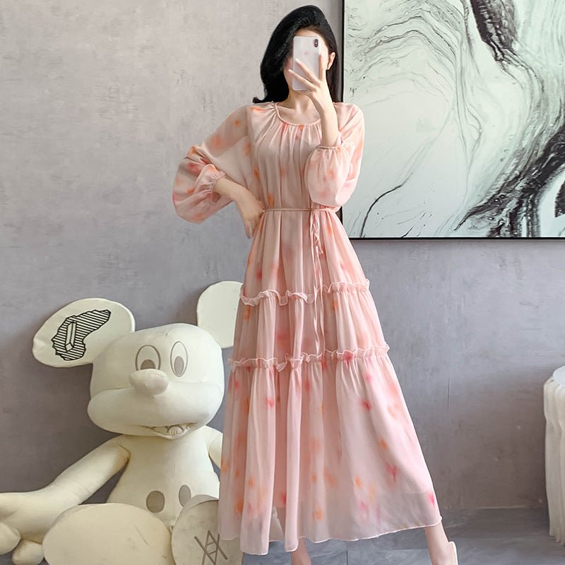Watercolor Print Chiffon Maxi Dress | Long Sleeve Tiered Dress(MS270) - Mariam's Collection