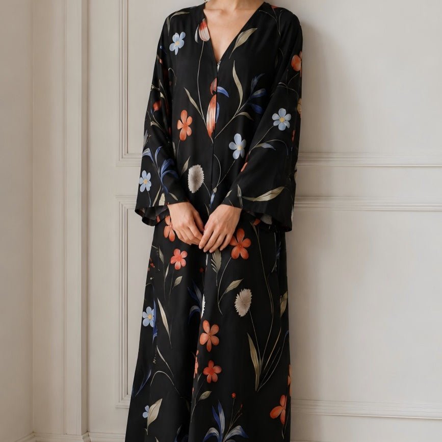 Watercolour Botanical Print Flared-Sleeve Open Abaya(MOA337) - Mariam's Collection