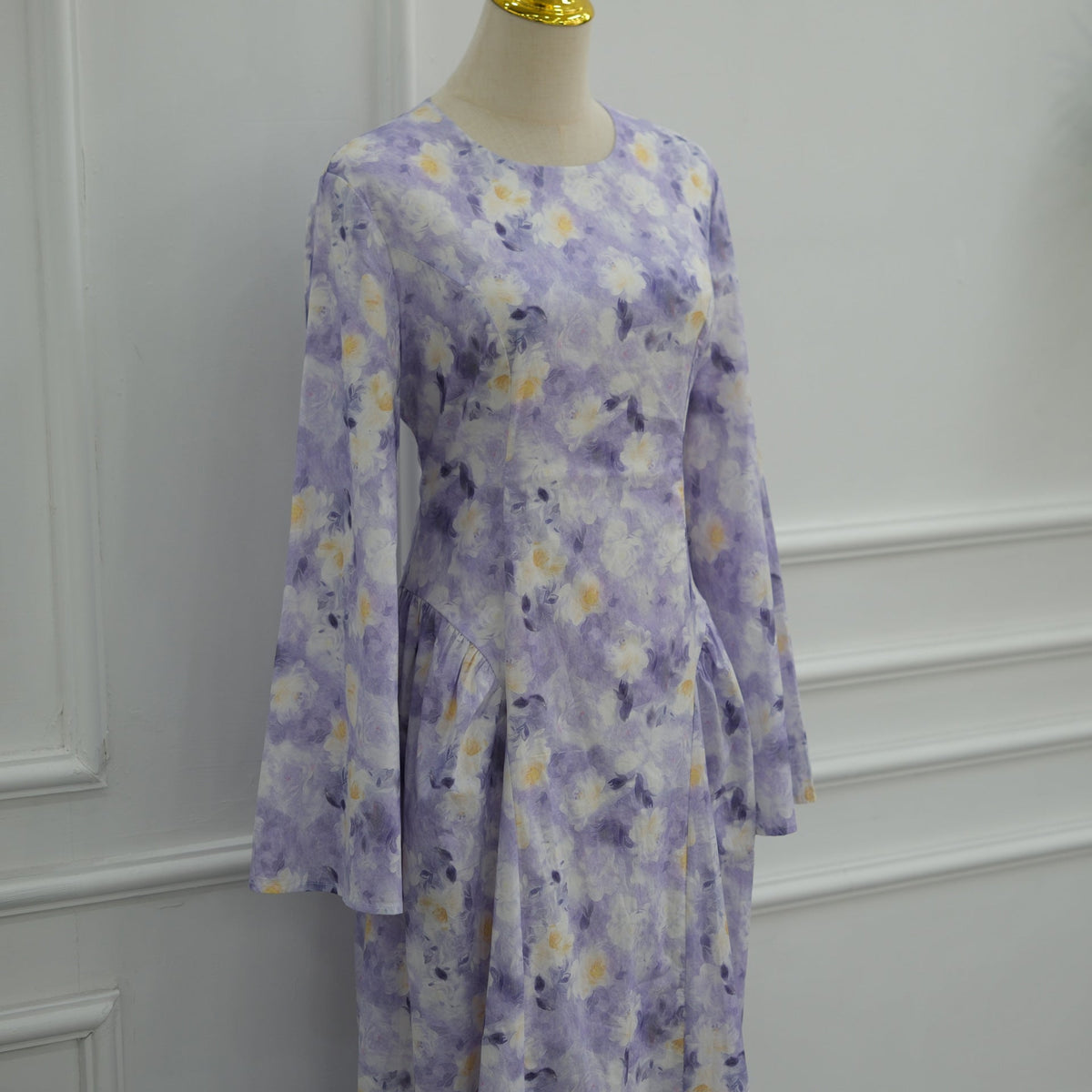 Floor-length A-line skirt sweep on watercolour floral maxi dress
