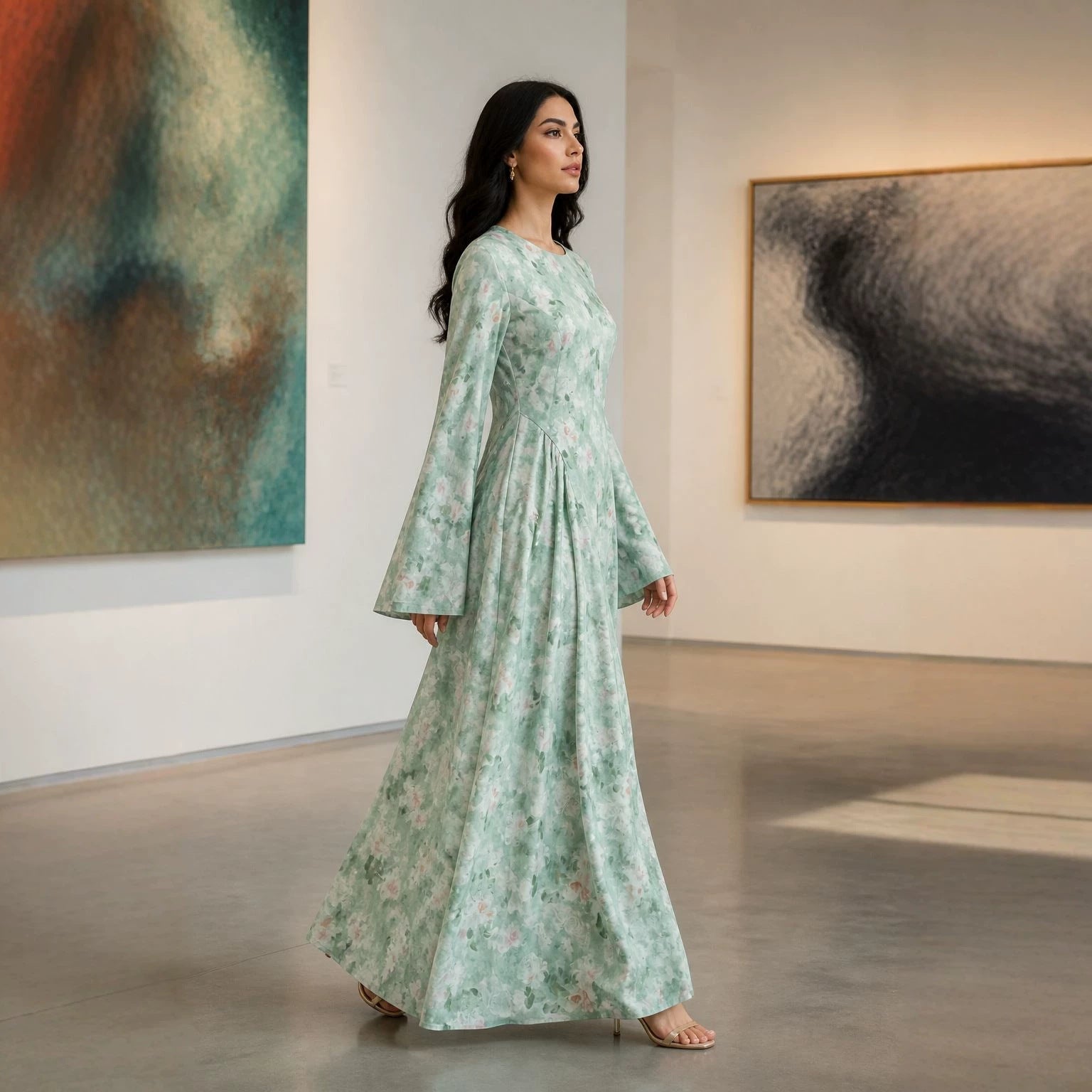 Watercolour Floral Maxi Dress – Bell Sleeve Flared Maxi Dress