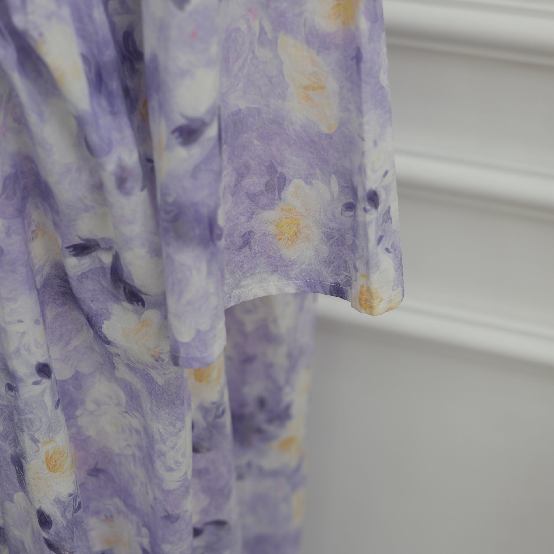 Lavender colourway of modest floral print maxi dress front view