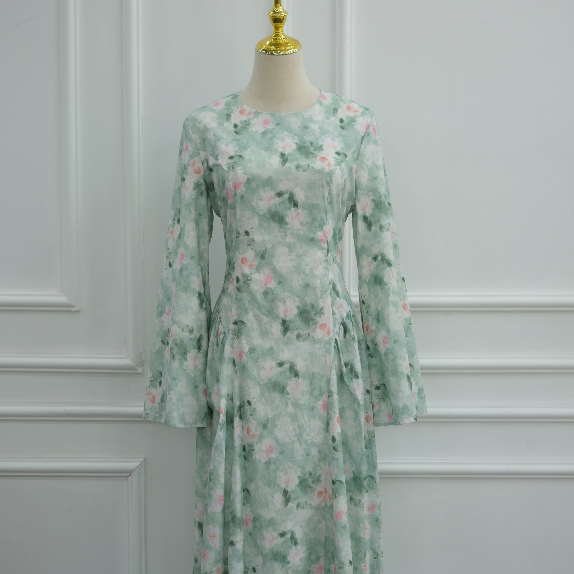 Back corset lace-up trailing cord detail on watercolour floral maxi dress
