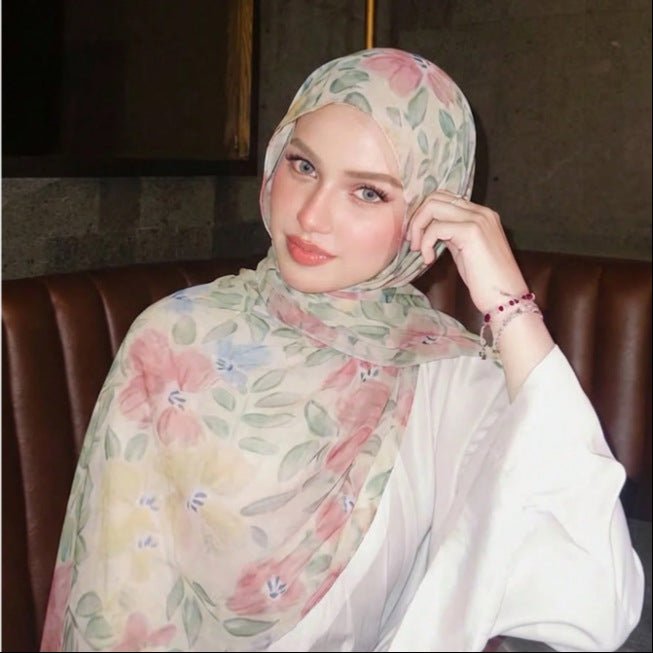 Watercolour Floral Print Lightweight Hijab Scarf(MH246) - Mariam's Collection