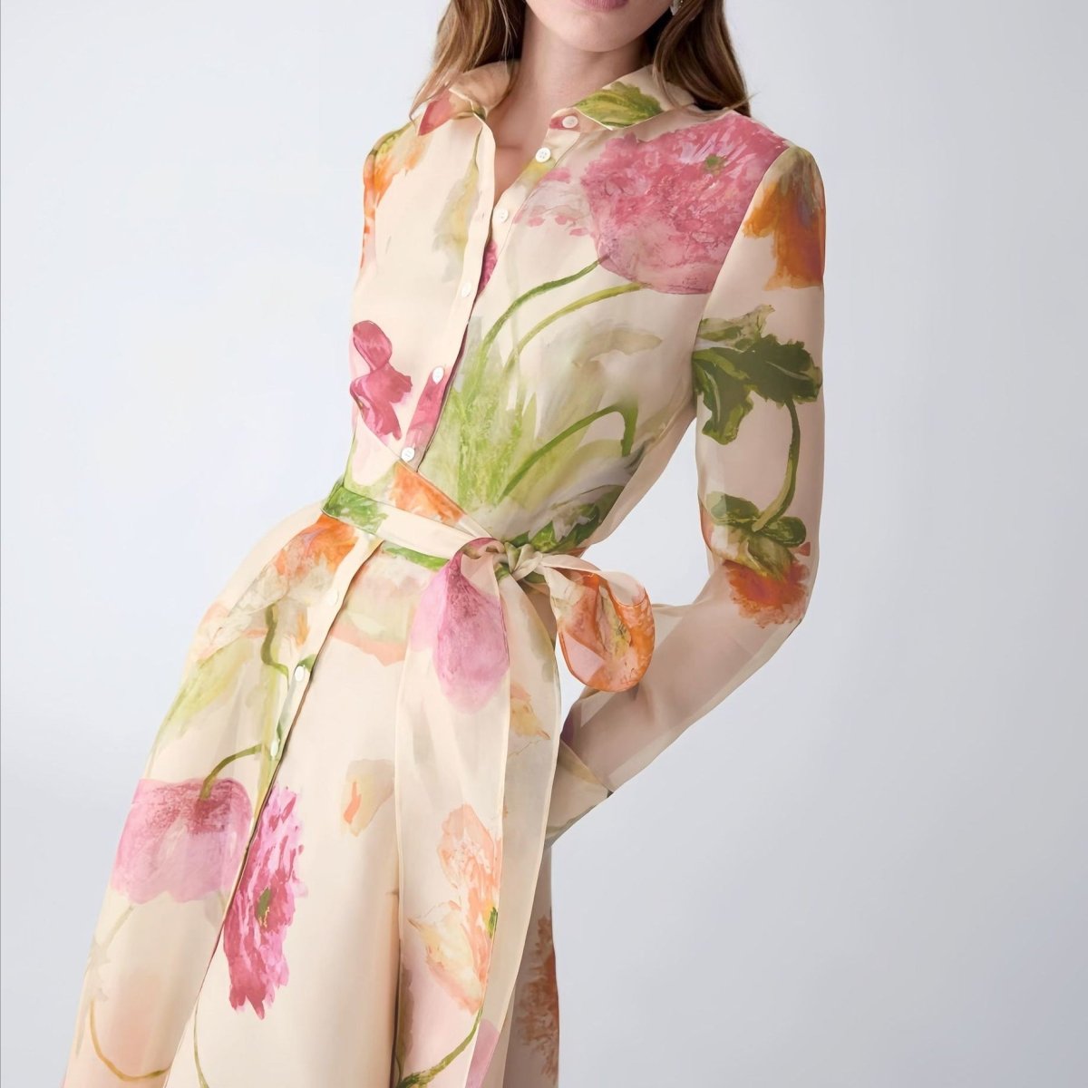 Watercolour Floral Shirt Maxi Dress(MS414) - Mariam's Collection