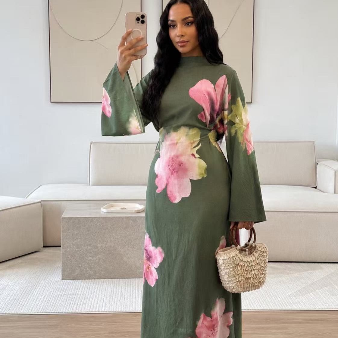 Watercolour Floral Washed-Crinkle Wide-Sleeve Maxi Dress(MS473) - Mariam's Collection