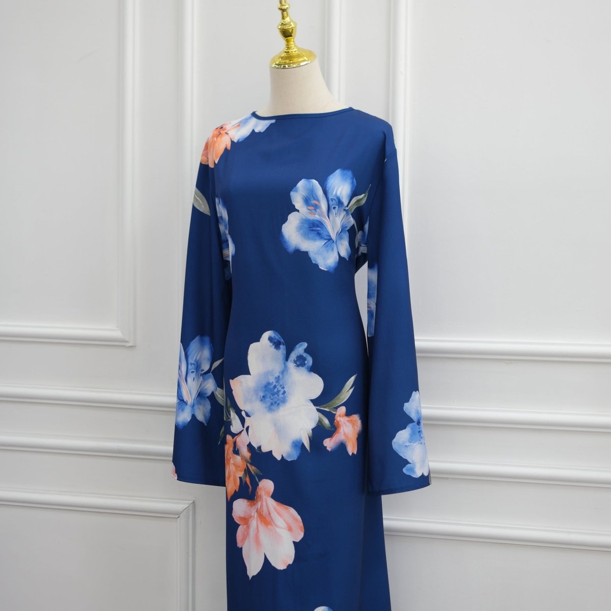 Watercolour Floral Washed-Crinkle Wide-Sleeve Maxi Dress(MS473) - Mariam's Collection