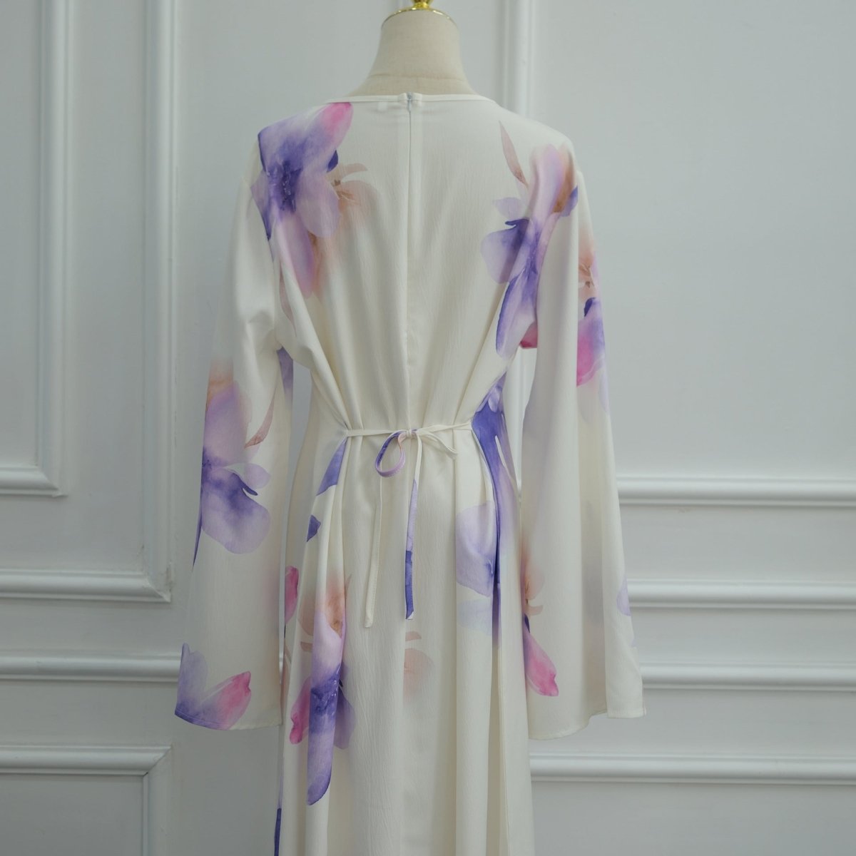 Watercolour Floral Washed-Crinkle Wide-Sleeve Maxi Dress(MS473) - Mariam's Collection