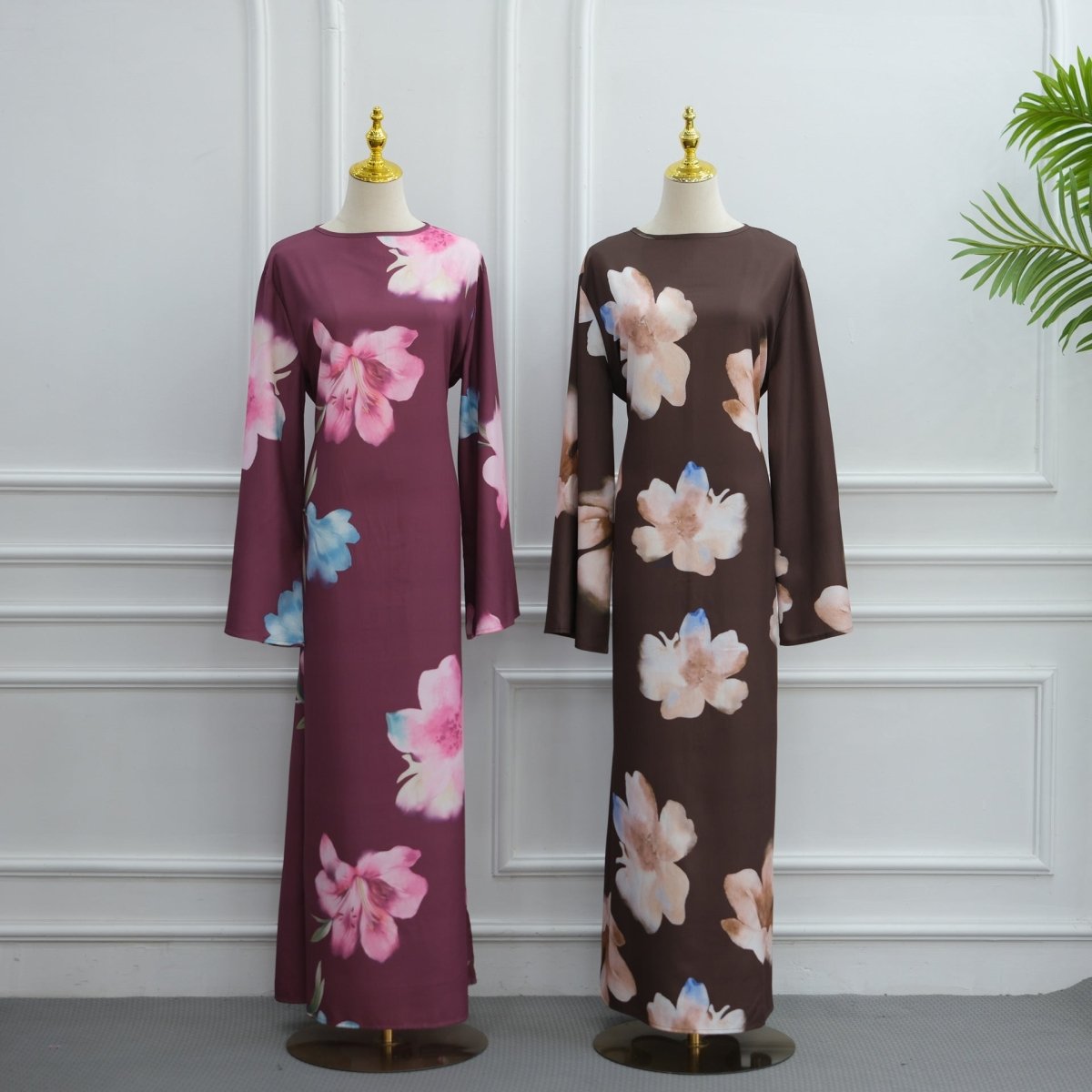 Watercolour Floral Washed-Crinkle Wide-Sleeve Maxi Dress(MS473) - Mariam's Collection