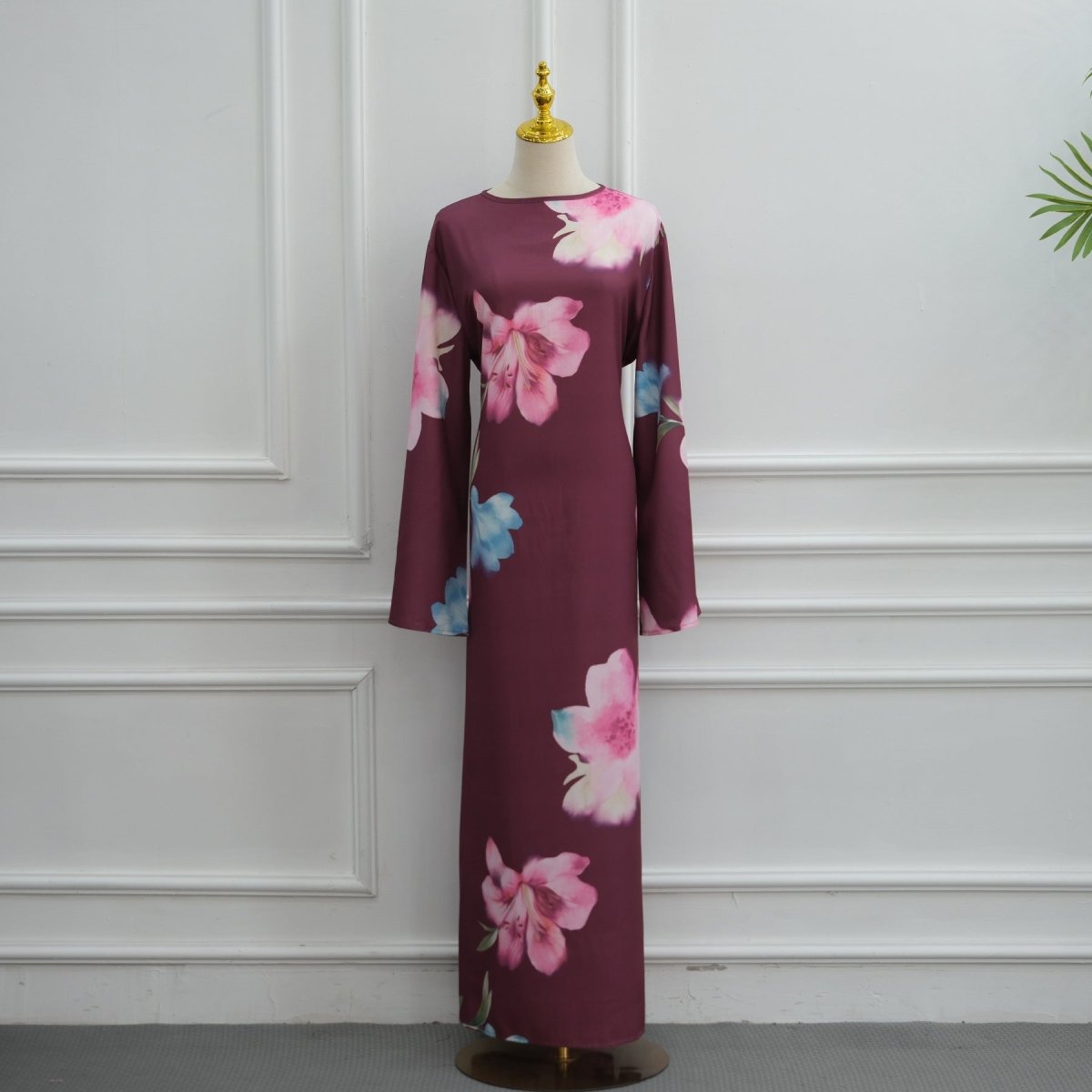 Watercolour Floral Washed-Crinkle Wide-Sleeve Maxi Dress(MS473) - Mariam's Collection