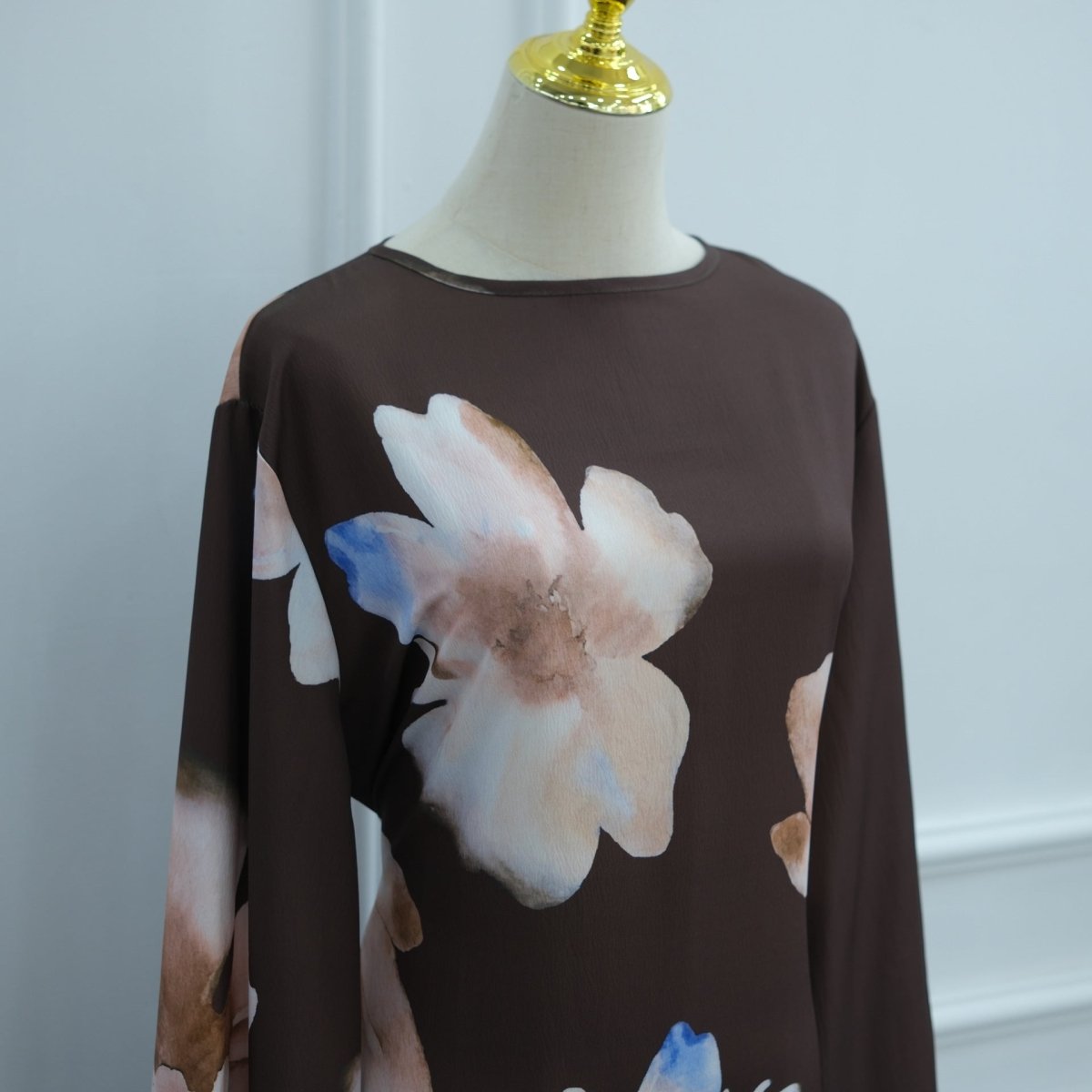 Watercolour Floral Washed-Crinkle Wide-Sleeve Maxi Dress(MS473) - Mariam's Collection