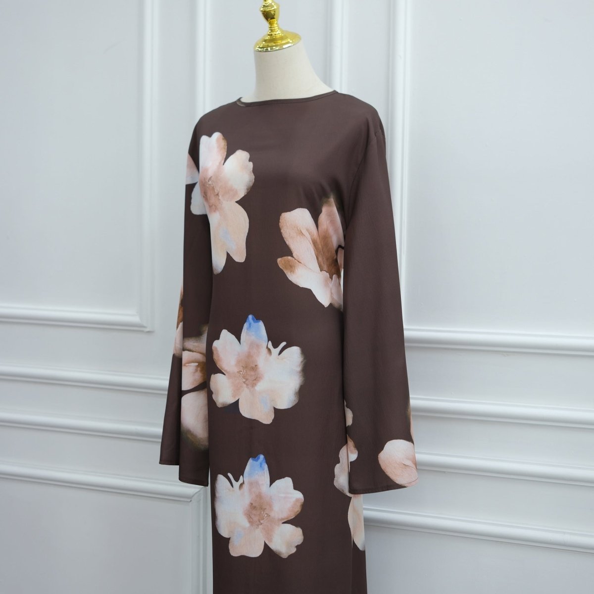 Watercolour Floral Washed-Crinkle Wide-Sleeve Maxi Dress(MS473) - Mariam's Collection