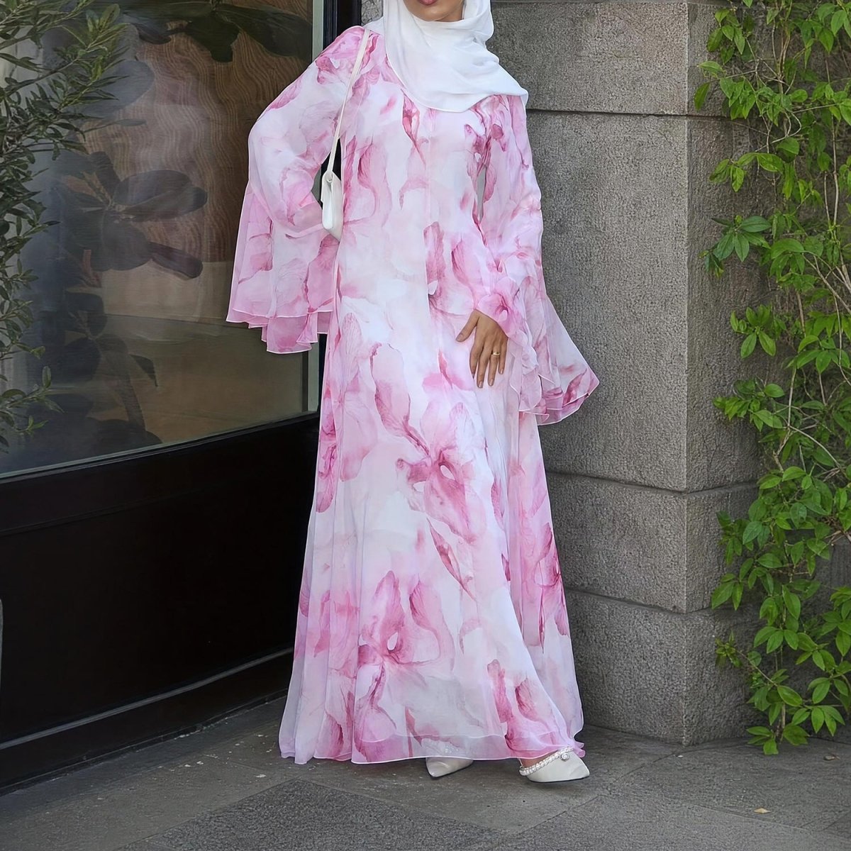 Watercolour Print Double-Layer Flared-Sleeve Maxi Dress(MA479) - Mariam's Collection