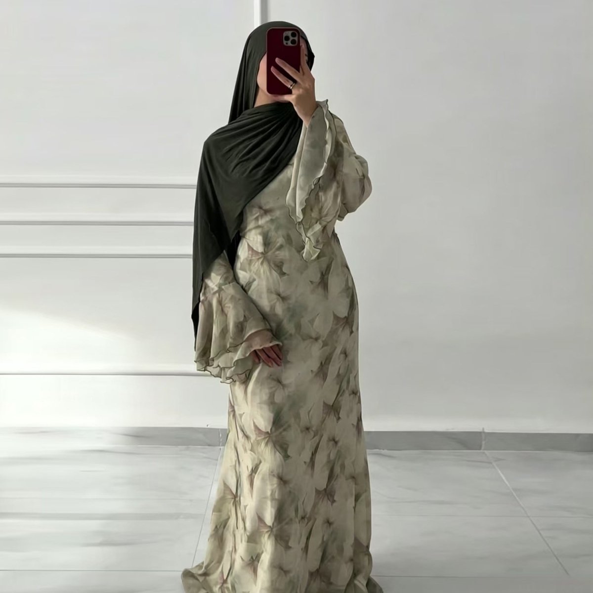 Watercolour Print Double-Layer Flared-Sleeve Maxi Dress(MA479) - Mariam's Collection