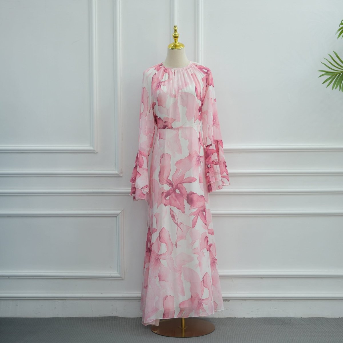 Watercolour Print Double-Layer Flared-Sleeve Maxi Dress(MA479) - Mariam's Collection