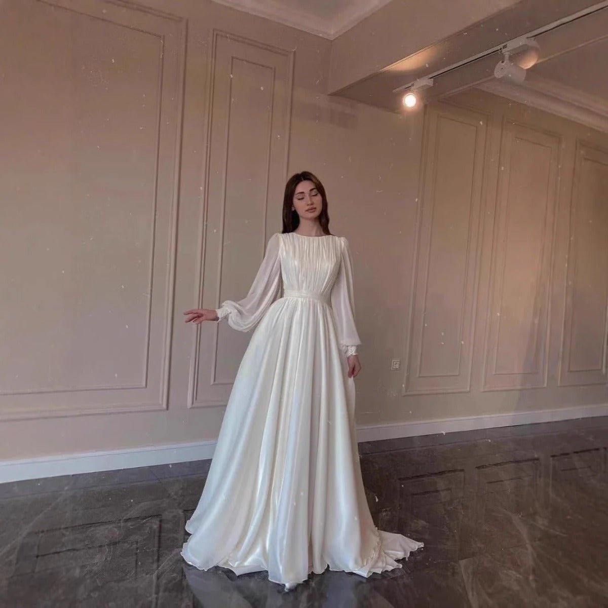 White Chiffon Princess Dress Abaya with Lantern Sleeves | Elegant Spring Fairy Swing French Court - Style Abaya (MA180) - Mariam's Collection