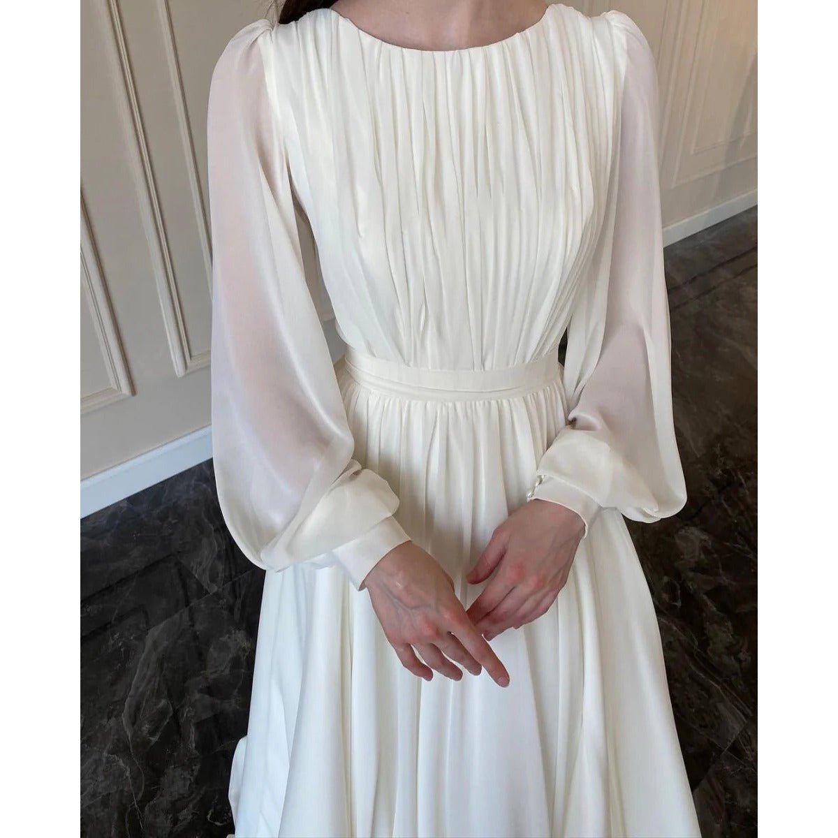 White Chiffon Princess Dress Abaya with Lantern Sleeves | Elegant Spring Fairy Swing French Court - Style Abaya (MA180) - Mariam's Collection