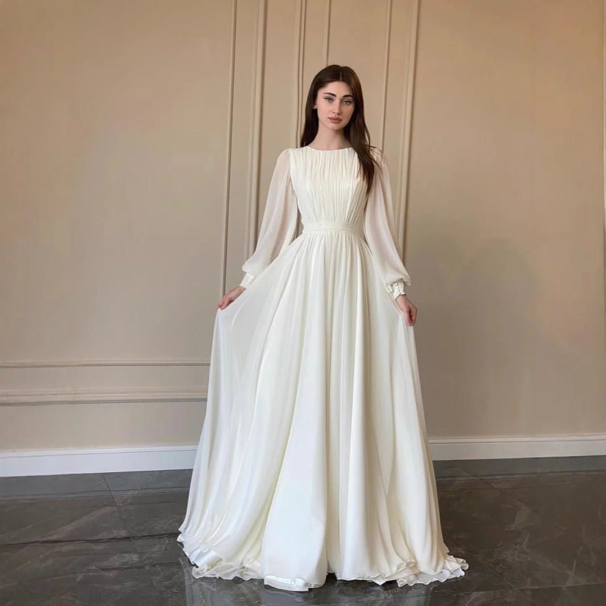 White Chiffon Princess Dress Abaya with Lantern Sleeves | Elegant Spring Fairy Swing French Court - Style Abaya (MA180) - Mariam's Collection