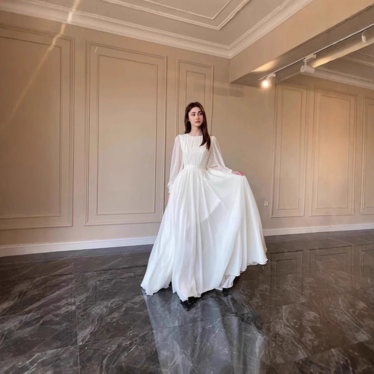 White Chiffon Princess Dress Abaya with Lantern Sleeves | Elegant Spring Fairy Swing French Court - Style Abaya (MA180) - Mariam's Collection