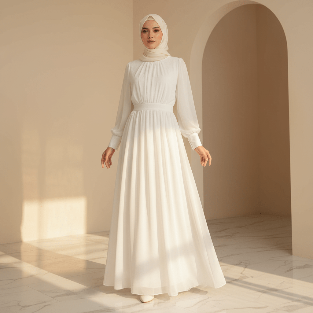 White Chiffon Princess Dress Abaya with Lantern Sleeves | Elegant Spring Fairy Swing French Court-Style Abaya (MA180) - Mariam's Collection