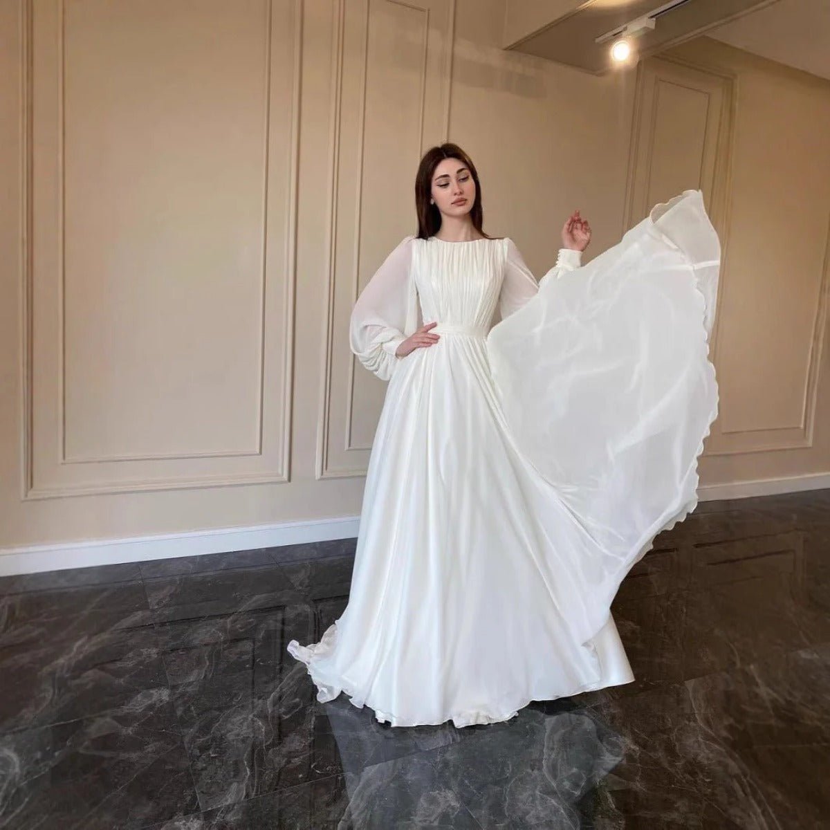 White Chiffon Princess Dress Abaya with Lantern Sleeves | Elegant Spring Fairy Swing French Court - Style Abaya (MA180) - Mariam's Collection