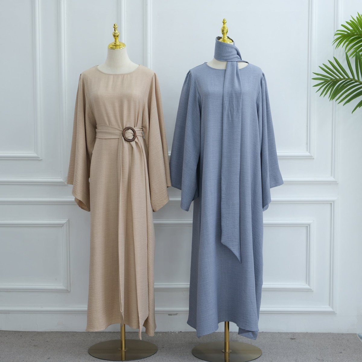 Wide Sleeve Textured Twill Blend Abaya with Belt(MA333) - Mariam's Collection