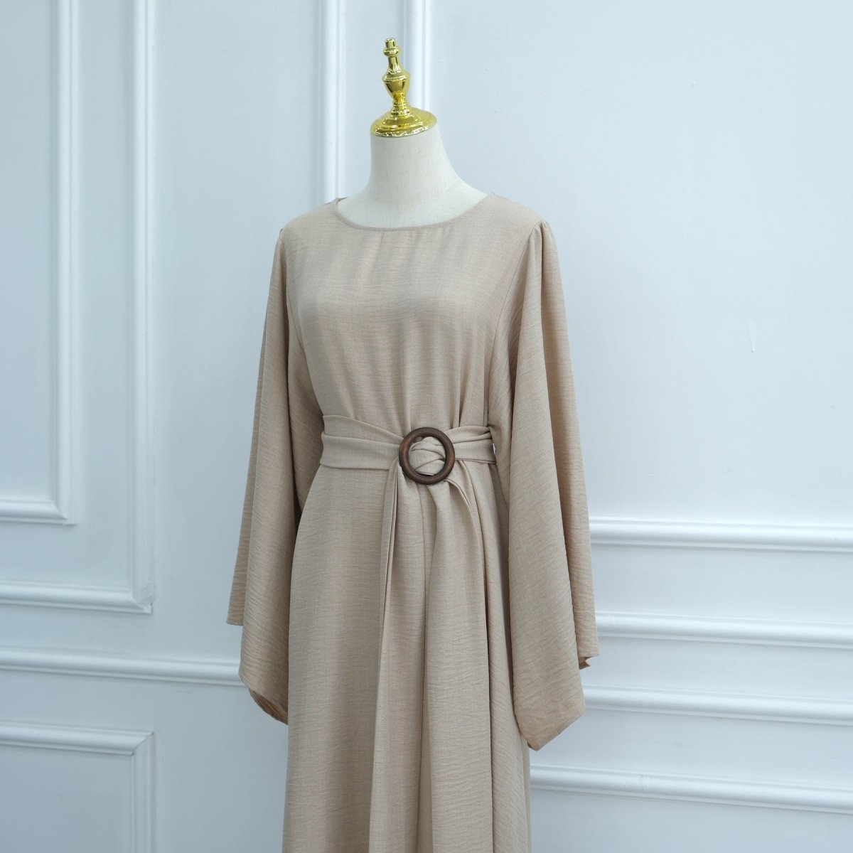 Wide Sleeve Textured Twill Blend Abaya with Belt(MA333) - Mariam's Collection
