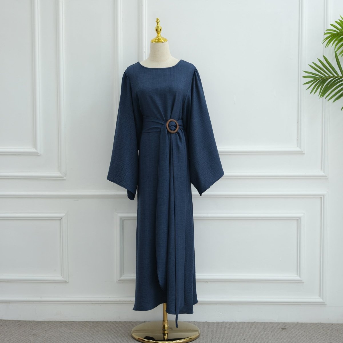 Wide Sleeve Textured Twill Blend Abaya with Belt(MA333) - Mariam's Collection