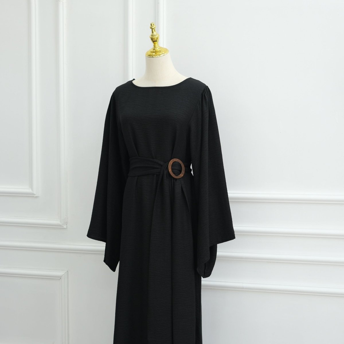 Wide Sleeve Textured Twill Blend Abaya with Belt(MA333) - Mariam's Collection