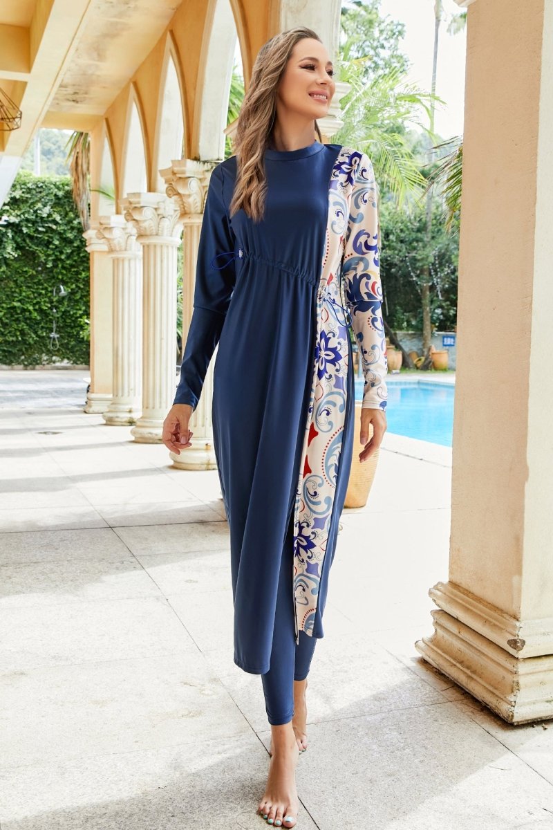 Women's 3 - Piece Printed Splicing Modest Burkini Set, Including Top, Bottoms And Covering, Suitable For Swimming Pool, Beach, Surfing And Sun Protection. (MB018) - Mariam's Collection