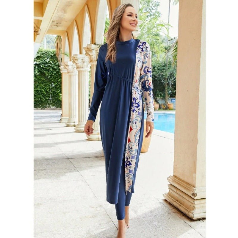 Women's 3 - Piece Printed Splicing Modest Burkini Set, Including Top, Bottoms And Covering, Suitable For Swimming Pool, Beach, Surfing And Sun Protection. (MB018) - Mariam's Collection
