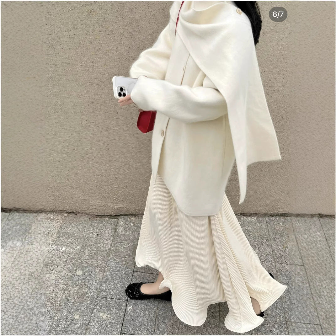 Wool Blend Cape Collar Coat | Mid - Length Button - Front Winter Jacket(MS191) - Mariam's Collection