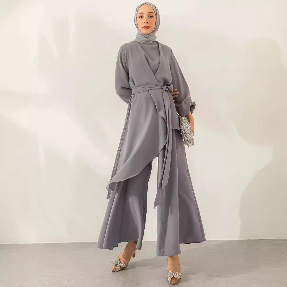 Full-length view of wide-leg trousers two-piece suit set with elasticated waistband