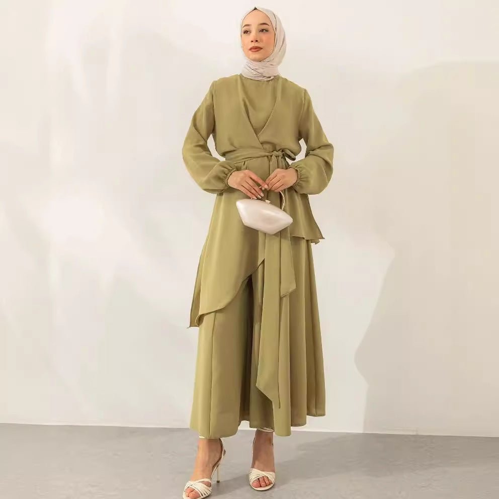 Front view of wrap V-neck modest set showing self-tie waist belt and flat knot detail